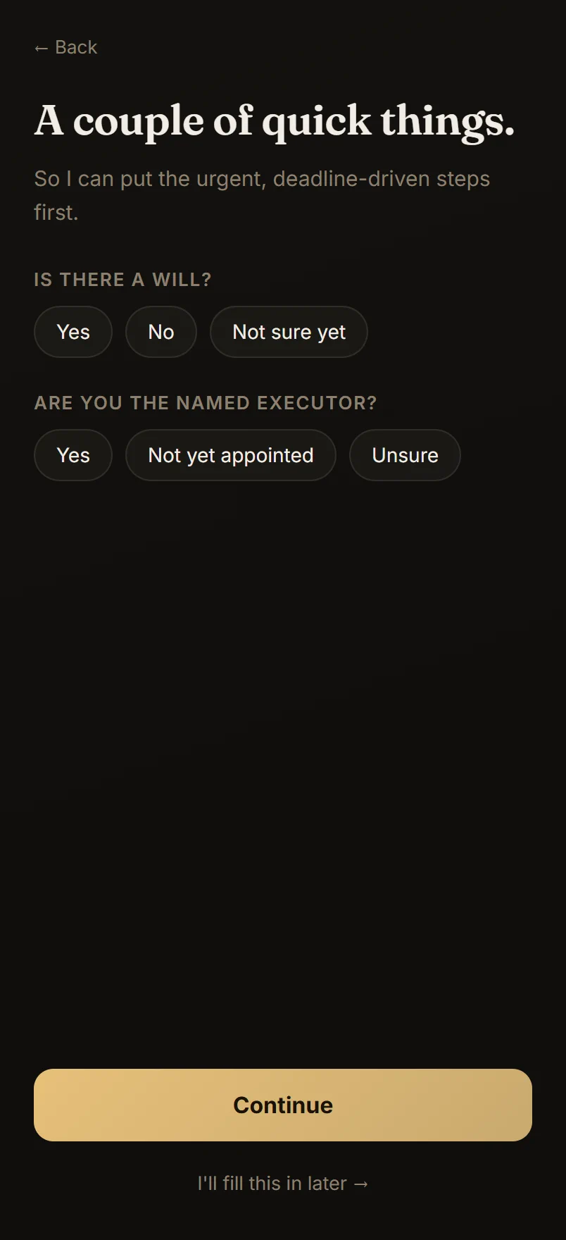 Solace executor intake — a couple of quick things