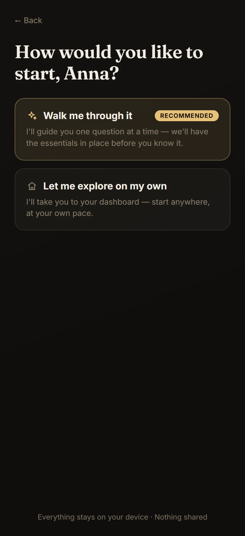 Solace onboarding — choose your pace