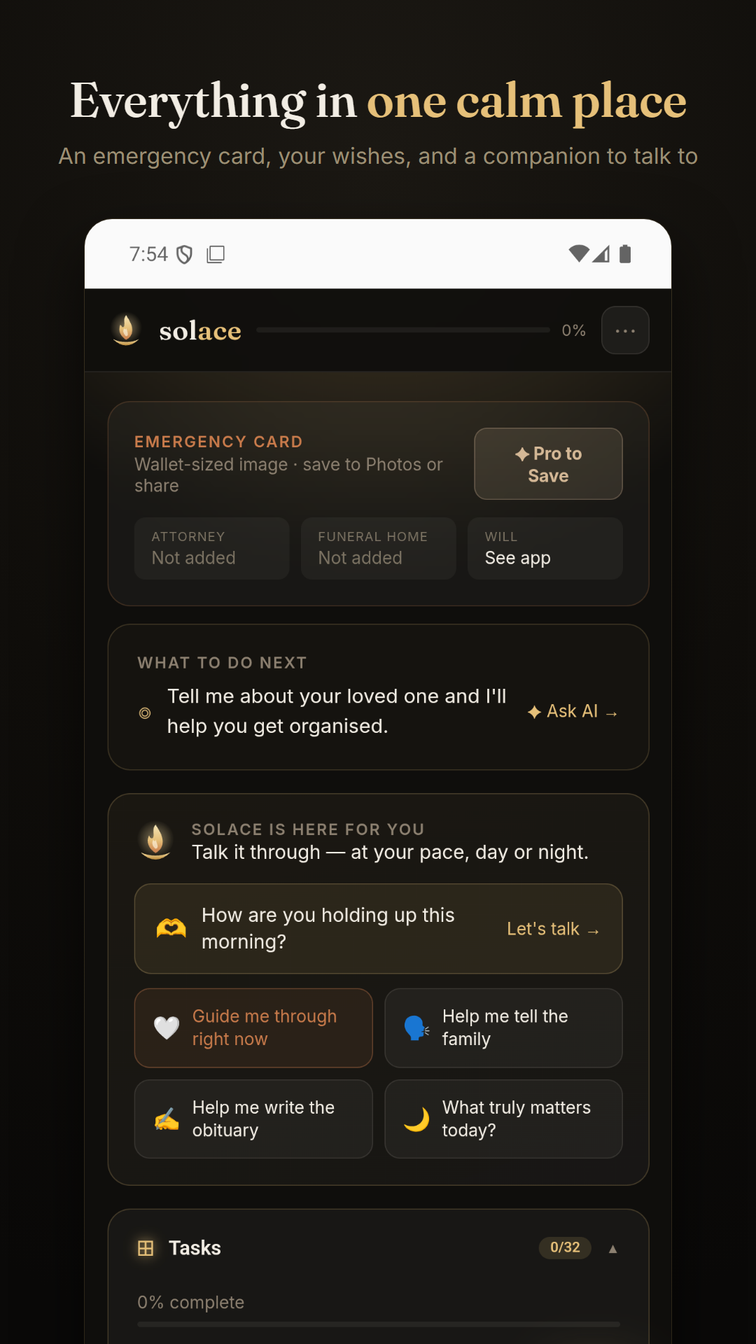 Solace home — everything in one calm place